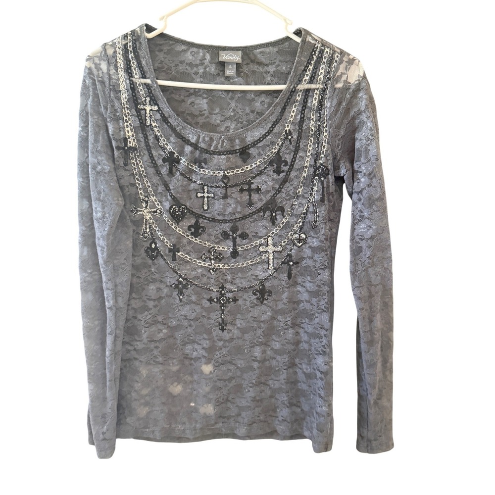 Vanity Y2k Womens Grey Lace Long Sleeve Mesh Cross Chain Print Top Sm Grunge